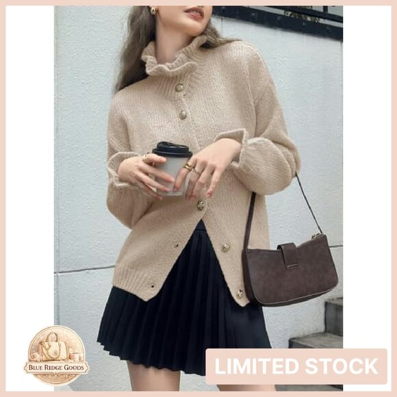 Oversized Ribbed Knit Cardigan Ruffle Neckline Open Front Chic Fall Sweater - Picture 5 of 8